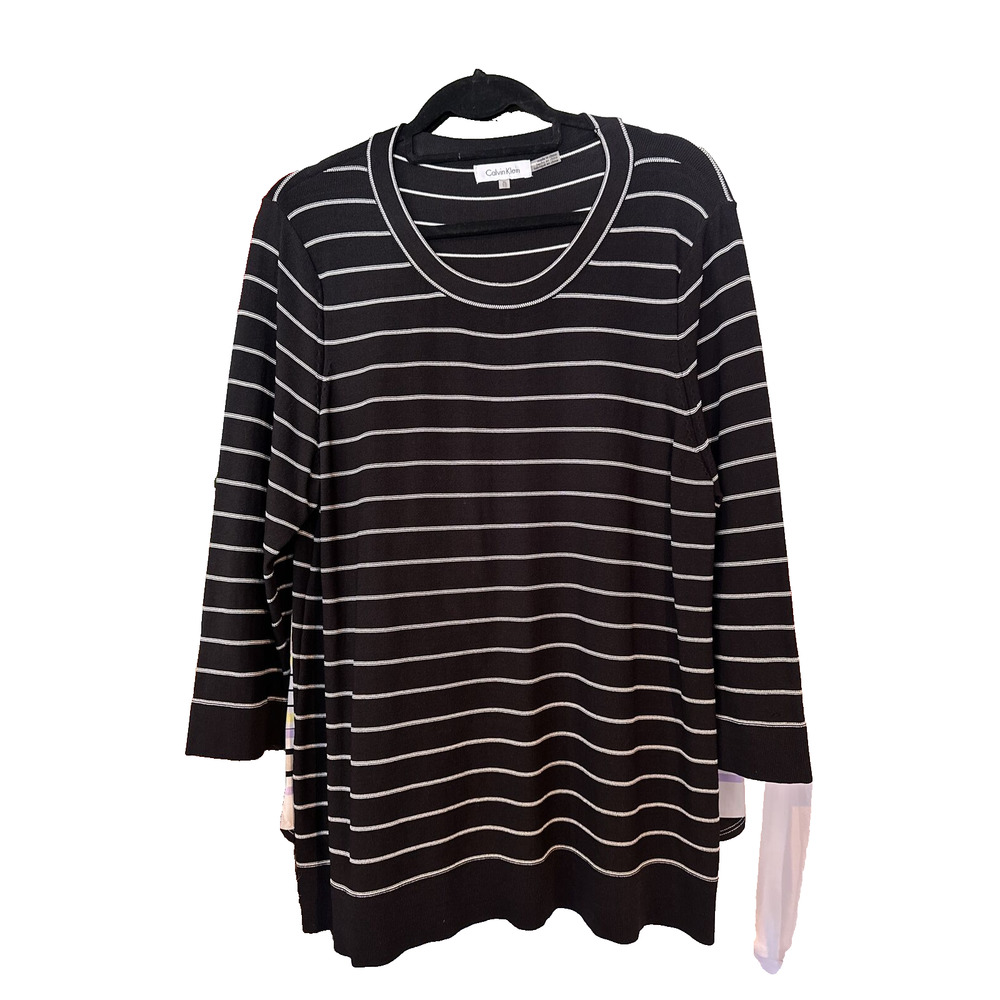 Calvin Klein Women's Scoop Neck Striped Sweater Black White Large 3/4 Sleeves